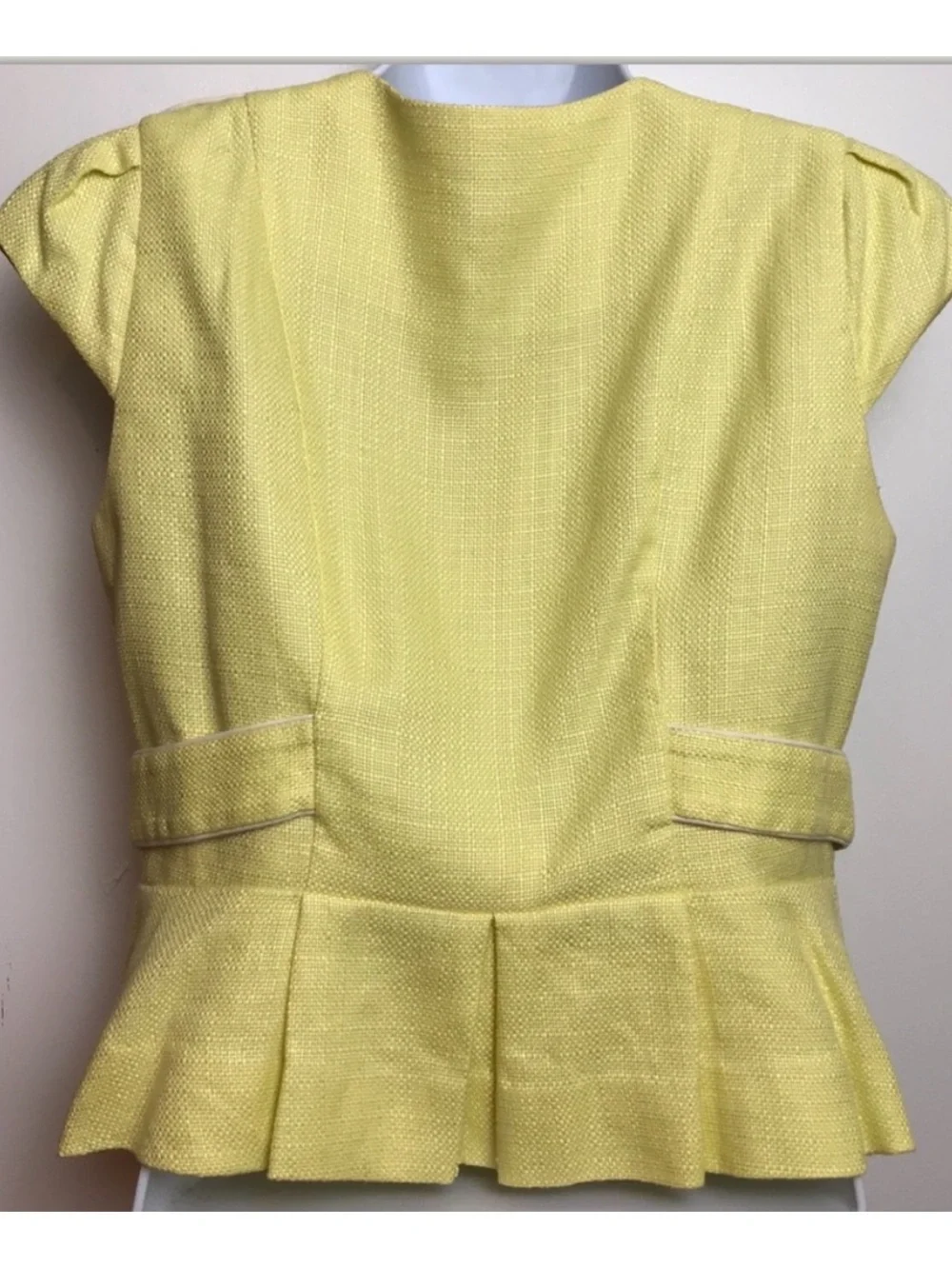 ELEVENSES Anthropologie Jacket Blazer Basketweave Yellow Button Cropped Peplum